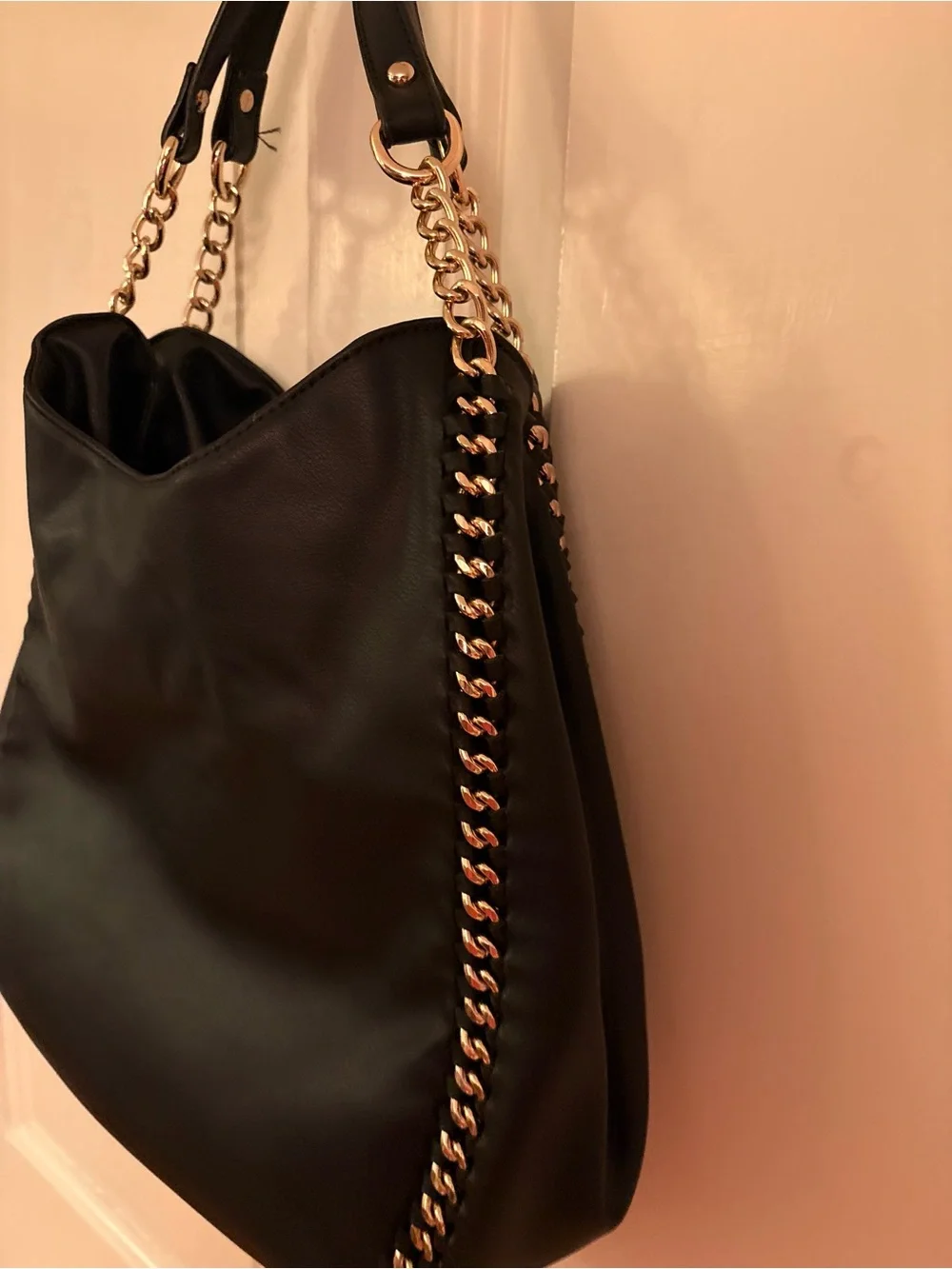 BEBE Colette Black Hobo Shoulder Bag Gold Chain Hardware Large Purse Tote NWOT